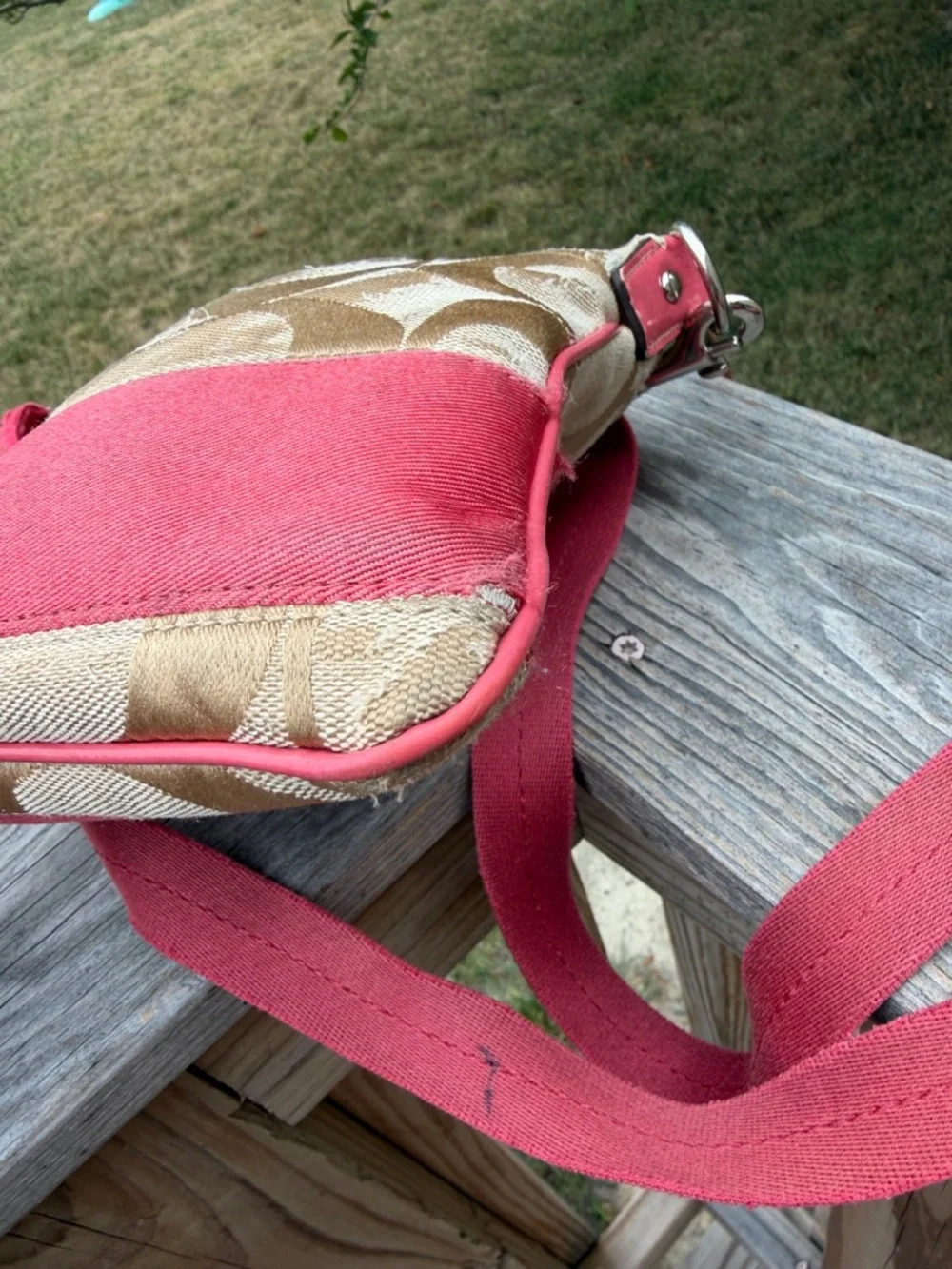 Coach Beige Signature Canvas Crossbody with Pink and patent leather accents